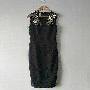 Anne Klein Black Beaded Collar Sheath Work Dress